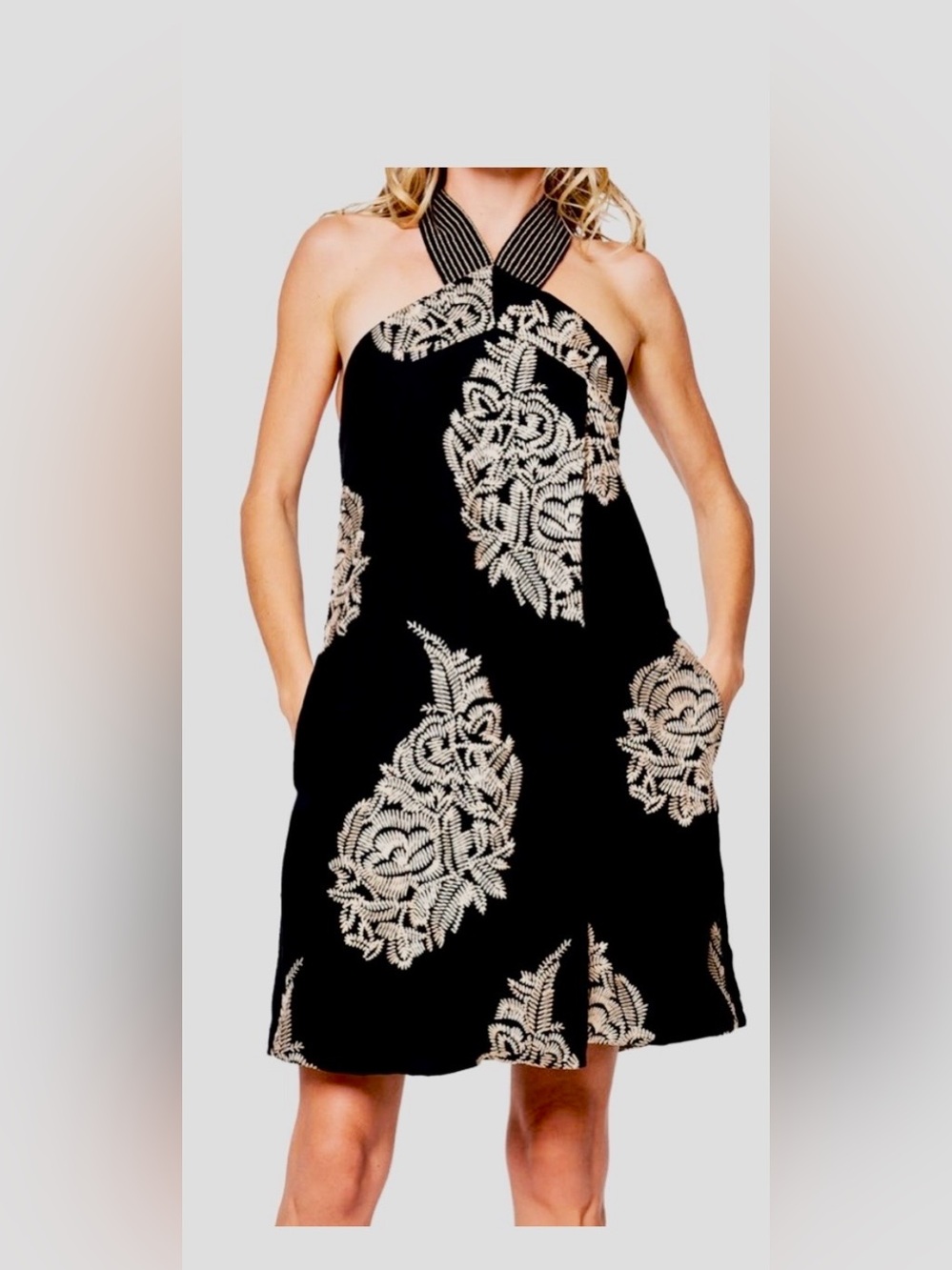 Black Halter Dress with Gold Embroidery - Women's Dress